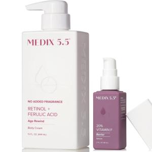 MEDIX Fragrance Free Firming Retinol Body Lotion + 3% Hyaluronic Acid Serum Booster 2pc Skin Care Set | Crepey Skin Care Treatment | Anti Aging Body Cream & Face Moisturizer For Crepe Skin & Dry Skin(Fragrance-Free Retinol Cream + 20% Vitamin F Serum Set)