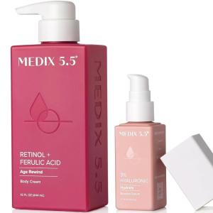 MEDIX Fragrance Free Firming Retinol Body Lotion + 3% Hyaluronic Acid Serum Booster 2pc Skin Care Set | Crepey Skin Care Treatment | Anti Aging Body Cream & Face Moisturizer For Crepe Skin & Dry Skin(Retinol + Hyaluronic Booster Bundle)