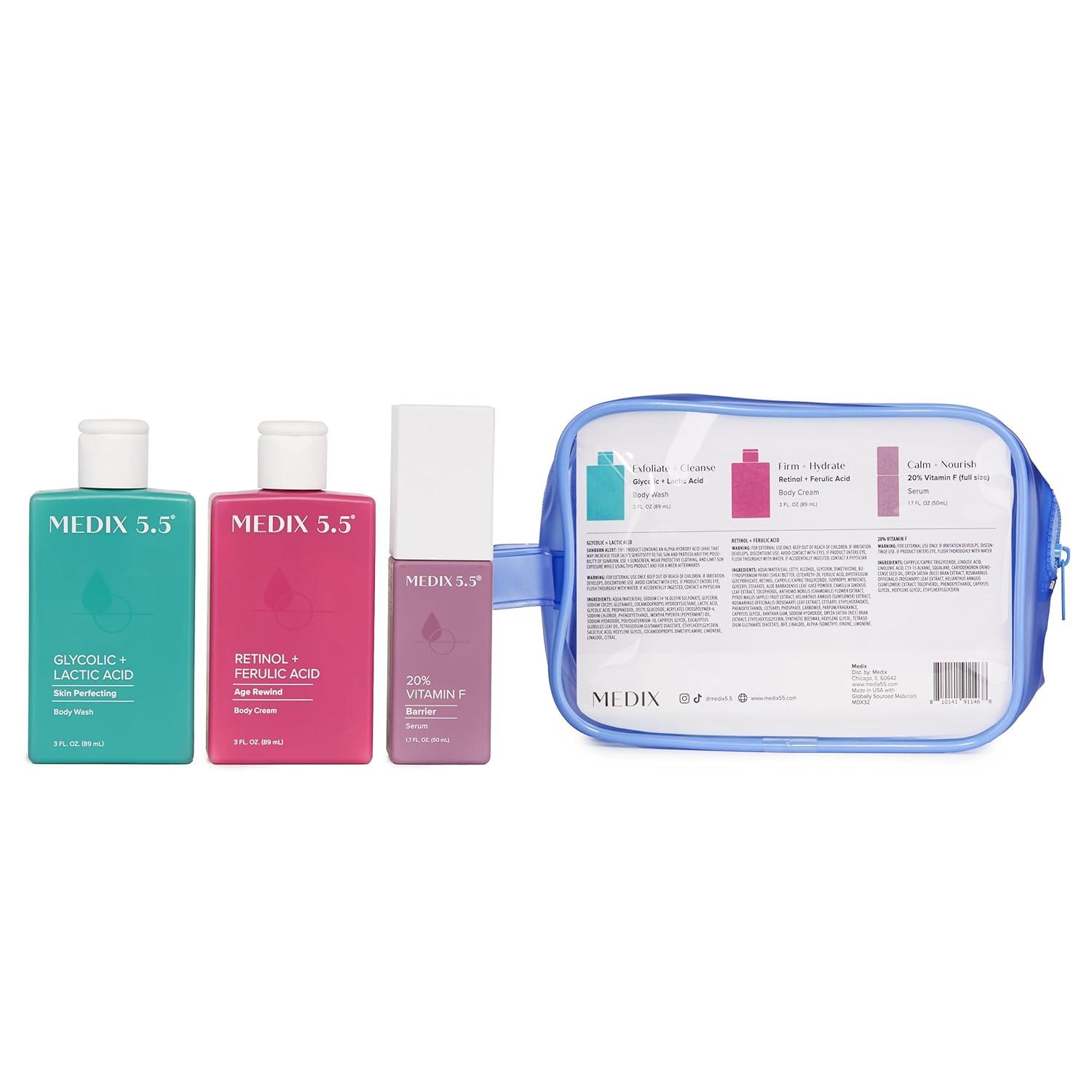 imageMEDIX 55 Best Sellers Travel Kit Skin Care Set Retinol Body Lotion Glycolic Acid Exfoliating Body Wash 20 Vitamin F Body Oil 3PC Skincare Set Crepey Skin Care Treatment 3 Piece Travel Kit
