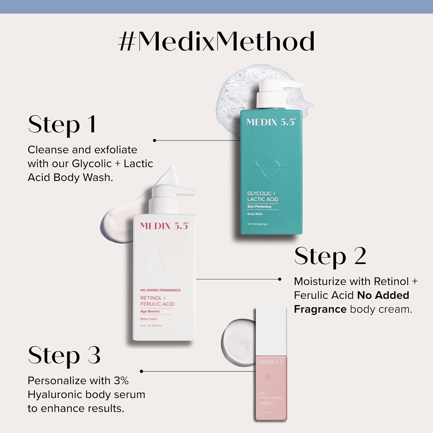 imageMEDIX Anti Aging Skin Care 3PC Set Retinol Body Cream Exfoliating AHA Glycolic Acid Foaming Face amp Body Wash Vitamin F Booster Serum Wash Treat Hydrate Skincare Set2 FragranceFree Retinol Cream