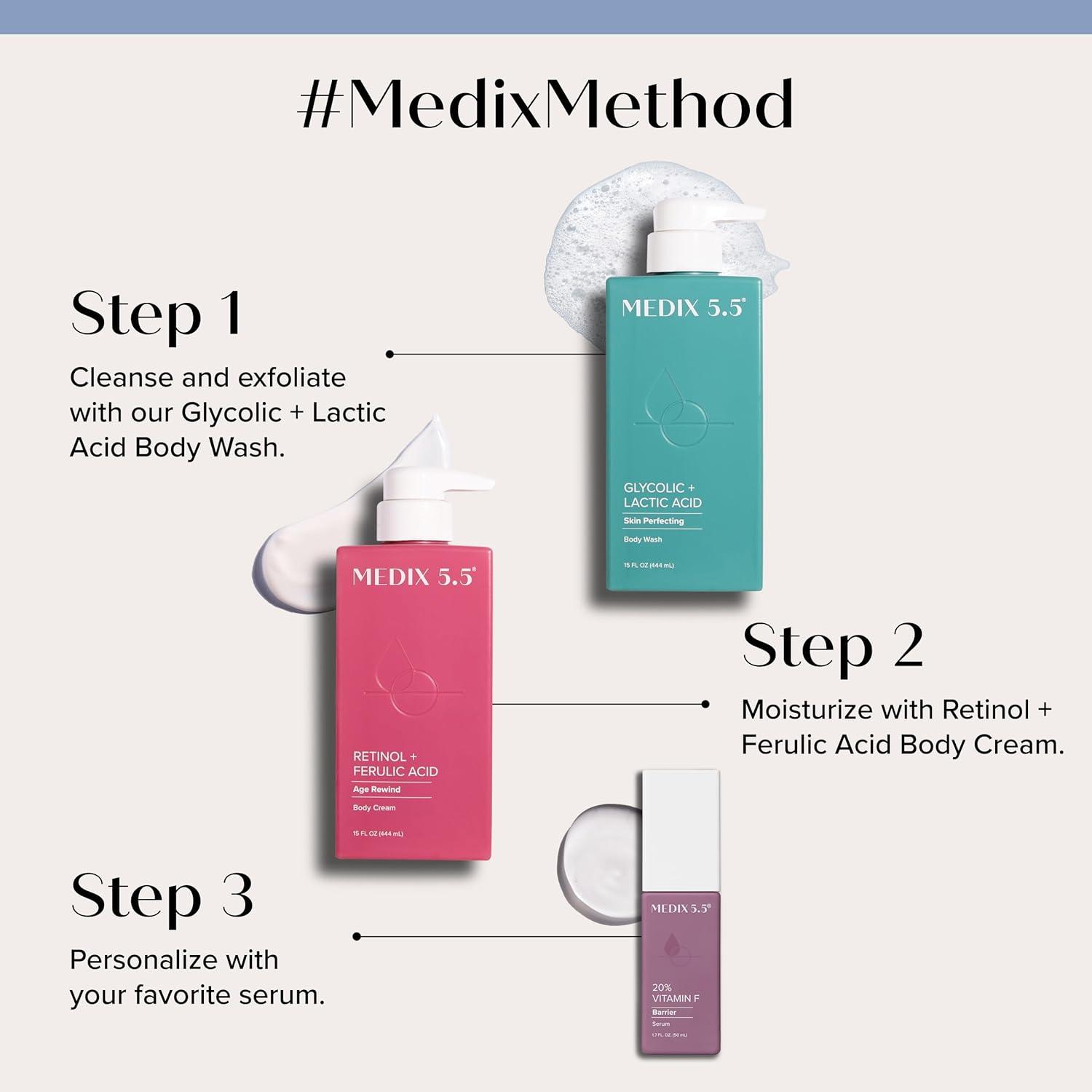 imageMEDIX Anti Aging Skin Care 3PC Set Retinol Body Cream Exfoliating AHA Glycolic Acid Foaming Face amp Body Wash Vitamin F Booster Serum Wash Treat Hydrate Skincare Set1 Retinol Firming Cream