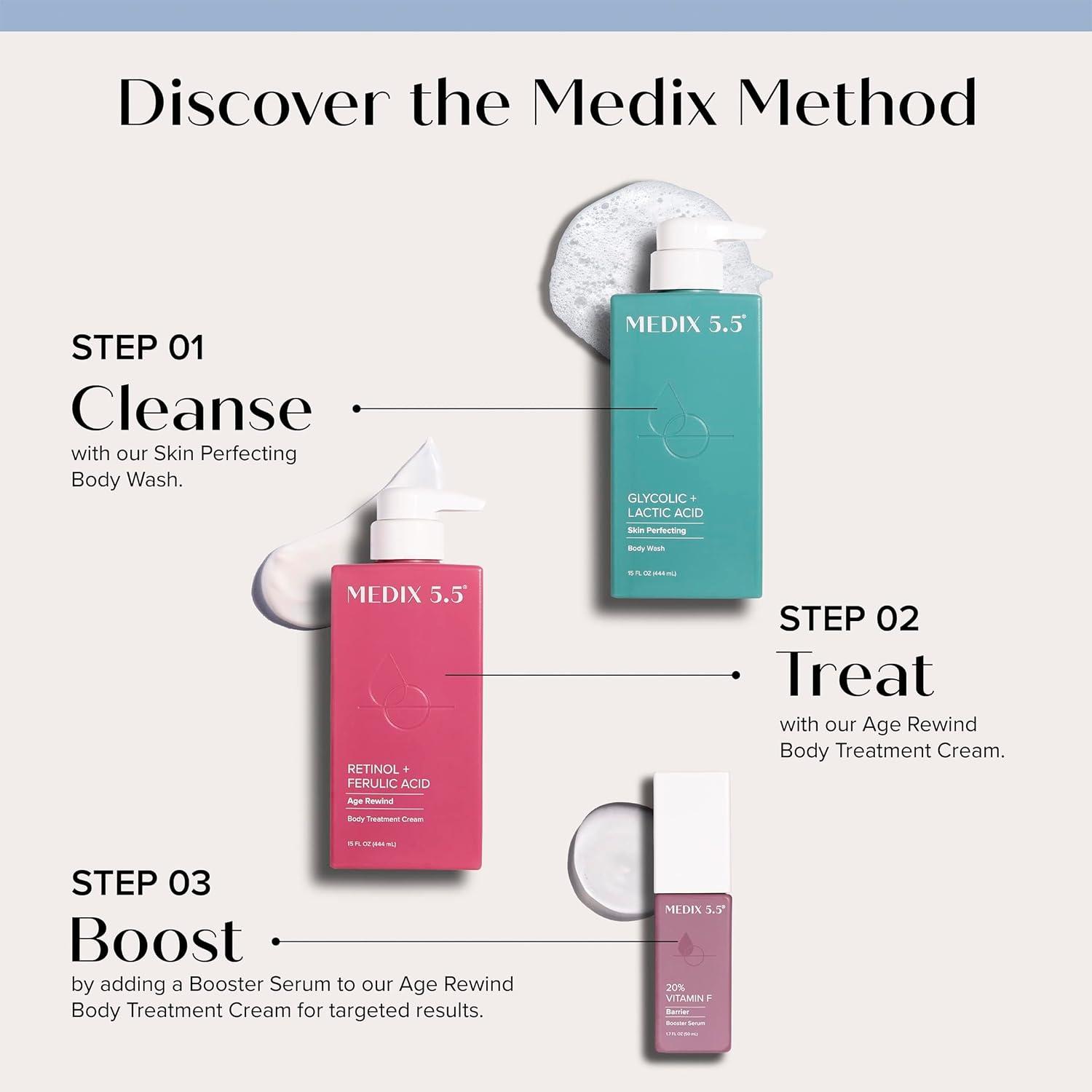 imageMEDIX Anti Aging Skin Care 3PC Set Retinol Body Cream Exfoliating AHA Glycolic Acid Foaming Face amp Body Wash Vitamin F Booster Serum Wash Treat Hydrate Skincare SetVitamin C Retinol Cream
