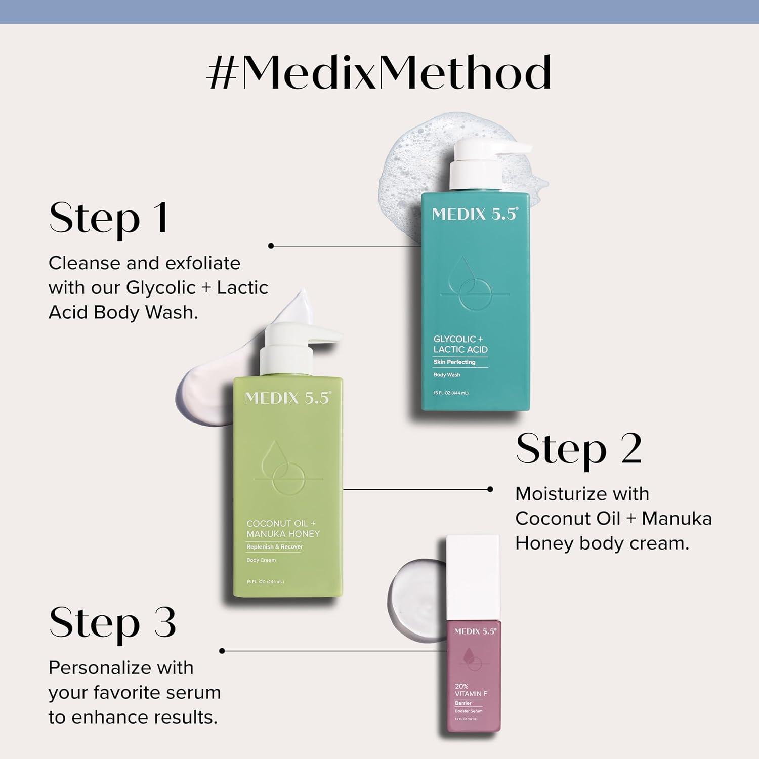 imageMEDIX Anti Aging Skin Care 3PC Set Retinol Body Cream Exfoliating AHA Glycolic Acid Foaming Face amp Body Wash Vitamin F Booster Serum Wash Treat Hydrate Skincare SetCoconut Oil Argan Oil