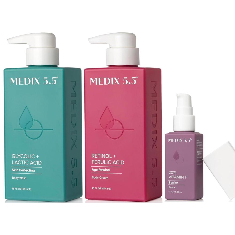imageMEDIX Anti Aging Skin Care 3PC Set Retinol Body Cream Exfoliating AHA Glycolic Acid Foaming Face amp Body Wash Vitamin F Booster Serum Wash Treat Hydrate Skincare SetAge Rewind