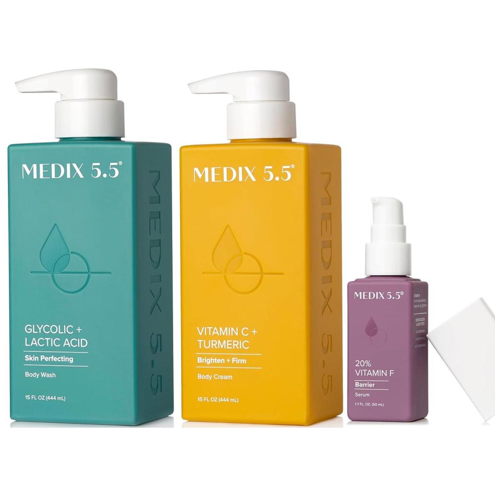 imageMedix 55 Anti Aging Skin Care 3PC Set Vitamin C Body Cream Exfoliating AHA Glycolic Acid Foaming Face amp Body Wash Vitamin F Booster Serum Wash Treat Hydrate Skincare Set