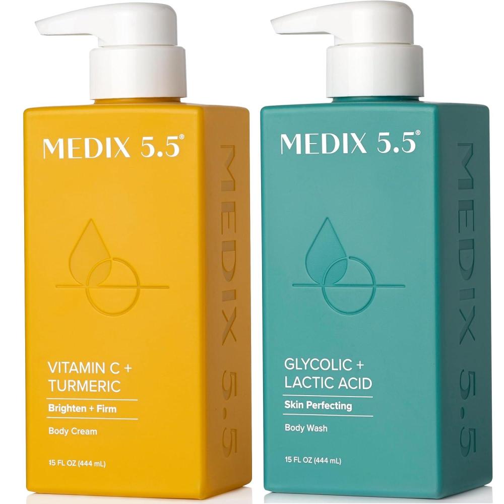 imageMedix 55 Exfoliating AHA Glycolic Acid Face amp Body Wash Cleanser Hyaluronic Acid Moisturizing Body Cream Lotion Skin Care 2PC Set Alpha Hydroxy Acid amp Lactic Acid Foaming Face WashExfoliating Foam Wash Vitamin C Cream