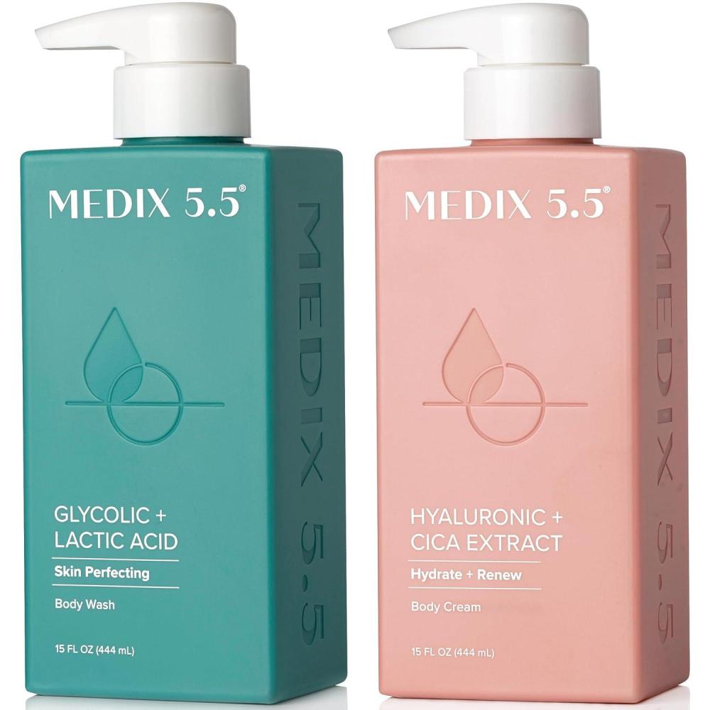 imageMedix 55 Exfoliating AHA Glycolic Acid Face amp Body Wash Cleanser  Hyaluronic Acid Moisturizing Body Cream Lotion Skin Care 2PC Set  Alpha Hydroxy Acid amp Lactic Acid Foaming Face WashExfoliating Foam Wash  Hyaluronic Acid Cream