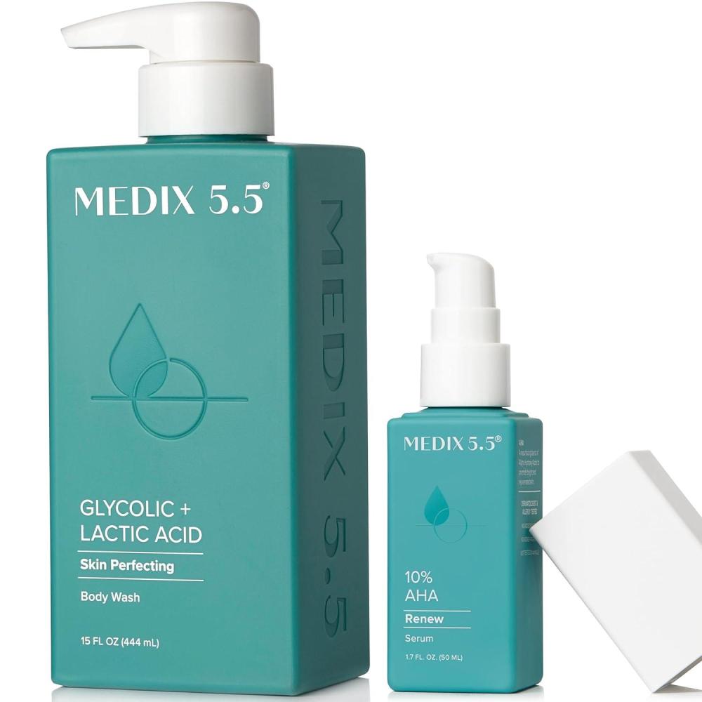 imageMedix 55 Exfoliating AHA Glycolic Acid Face amp Body Wash Cleanser Hyaluronic Acid Moisturizing Body Cream Lotion Skin Care 2PC Set Alpha Hydroxy Acid amp Lactic Acid Foaming Face WashExfoliating AHA Body Wash LeaveOn Booster