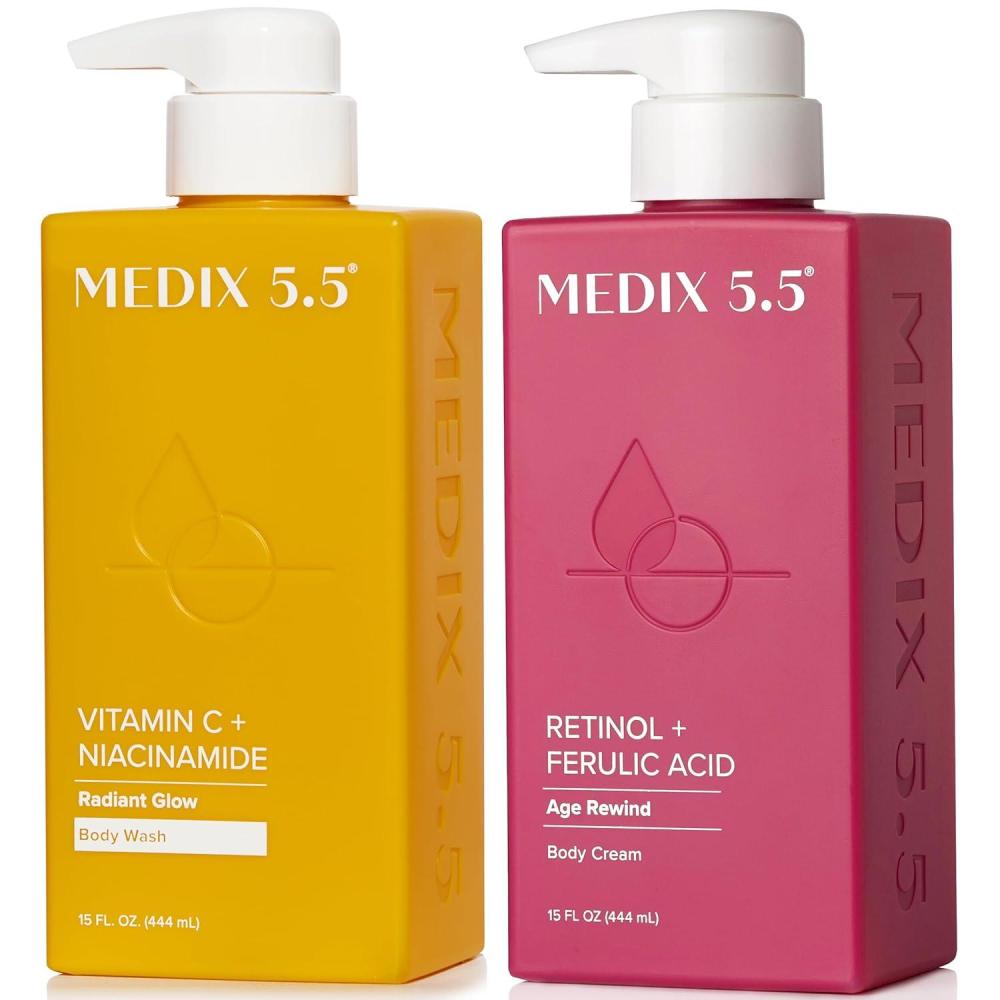 imageMedix 55 Exfoliating AHA Glycolic Acid Face amp Body Wash Cleanser  Hyaluronic Acid Moisturizing Body Cream Lotion Skin Care 2PC Set  Alpha Hydroxy Acid amp Lactic Acid Foaming Face WashVitamin C Body Wash  Retinol Body Cream
