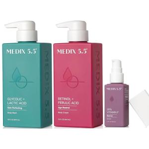 MEDIX Anti Aging Skin Care 3PC Set | Retinol Body Cream + Exfoliating AHA Glycolic Acid Foaming Face & Body Wash + Vitamin F Booster Serum, Wash + Treat + Hydrate Skincare Set(Age Rewind)