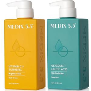Medix 5.5 Exfoliating AHA Glycolic Acid Face & Body Wash Cleanser + Hyaluronic Acid Moisturizing Body Cream Lotion Skin Care 2PC Set | Alpha Hydroxy Acid & Lactic Acid Foaming Face Wash(Exfoliating Foam Wash + Vitamin C Cream)