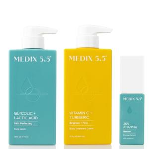 Medix 5.5 Exfoliating AHA Glycolic Acid Face & Body Wash Cleanser + Hyaluronic Acid Moisturizing Body Cream Lotion Skin Care 2PC Set | Alpha Hydroxy Acid & Lactic Acid Foaming Face Wash(Body Wash + Vitamin C Cream + AHA Serum)