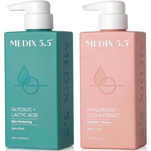 Medix 5.5 Exfoliating AHA Glycolic Acid Face & Body Wash Cleanser + Hyaluronic Acid Moisturizing Body Cream Lotion Skin Care 2PC Set | Alpha Hydroxy Acid & Lactic Acid Foaming Face Wash(Exfoliating Foam Wash + Hyaluronic Acid Cream)