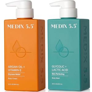 Medix 5.5 Exfoliating AHA Glycolic Acid Face & Body Wash Cleanser + Hyaluronic Acid Moisturizing Body Cream Lotion Skin Care 2PC Set | Alpha Hydroxy Acid & Lactic Acid Foaming Face Wash(Exfoliating Foam Wash + Argan Oil Cream)