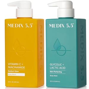Medix 5.5 Exfoliating AHA Glycolic Acid Face & Body Wash Cleanser + Hyaluronic Acid Moisturizing Body Cream Lotion Skin Care 2PC Set | Alpha Hydroxy Acid & Lactic Acid Foaming Face Wash(Vitamin C Body Wash + Glycolic Acid Body Wash)