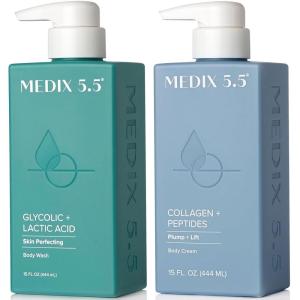 Medix 5.5 Exfoliating AHA Glycolic Acid Face & Body Wash Cleanser + Hyaluronic Acid Moisturizing Body Cream Lotion Skin Care 2PC Set | Alpha Hydroxy Acid & Lactic Acid Foaming Face Wash(Exfoliating Foam Wash + Collagen Cream)