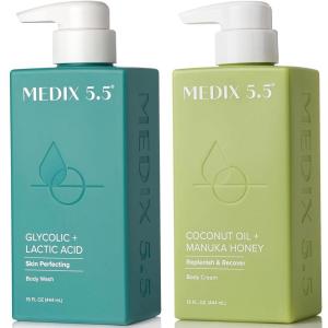 Medix 5.5 Exfoliating AHA Glycolic Acid Face & Body Wash Cleanser + Hyaluronic Acid Moisturizing Body Cream Lotion Skin Care 2PC Set | Alpha Hydroxy Acid & Lactic Acid Foaming Face Wash(Exfoliating Body Wash + Coconut Oil Cream)
