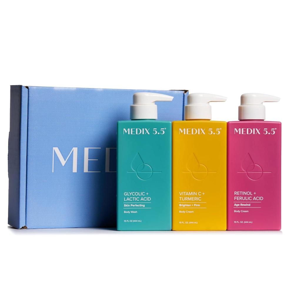 imageMEDIX Smooth amp Glow 3PC Skin Care Set  Glycolic Acid Exfoliating Body Wash Gel  Brightening Vitamin C Cream  Firming Retinol Body Lotion Gift Box  Skin Care Products  Gifts For Women